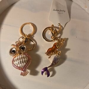 Gold and Pink Owl and Mermaid Keychains